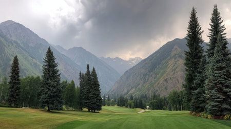 A panoramic shot of a golf course surrounded by mountains, trees, and skyの素材