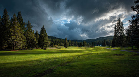 Dramatic sky with layered clouds over a forest-lined fairwayの素材