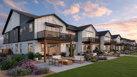 Back view of townhouse row with private patios and sliding glass doorsの素材