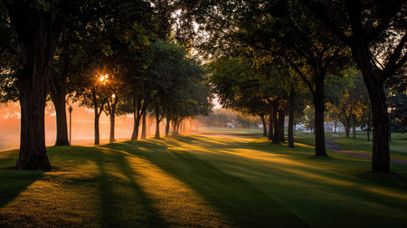 Backlit trees lining the course during sunrise with golden sky and morning fogの素材