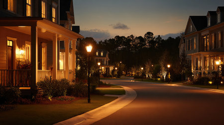 Evening scene of lit townhouse porches along a peaceful suburban roadの素材