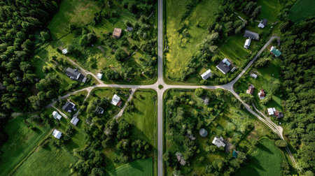 Drone view of a quiet countryside village where two roads split between small homesの素材
