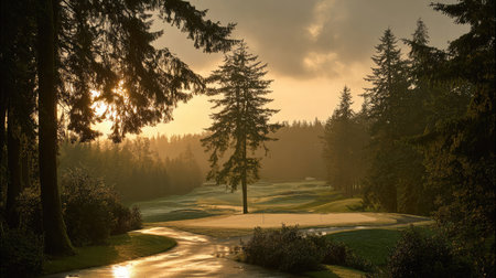 Morning dew on a golf course surrounded by evergreens under golden sunrise lightの素材