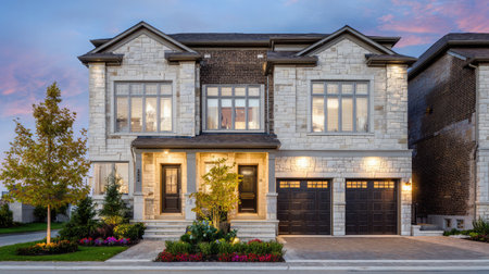 Contemporary townhouse exterior with symmetrical design, garage doors, and neat landscapingの素材