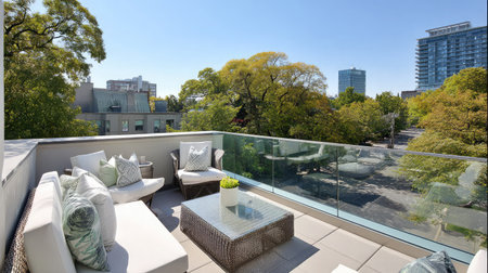 Stylish townhouse with a rooftop terrace and modern glass railingの素材