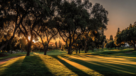 Golden hour light across a golf course framed by long tree shadows and colorful skyの素材