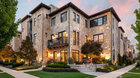 Luxury townhouse complex with stone facade, balconies, and upscale exterior lightingの素材