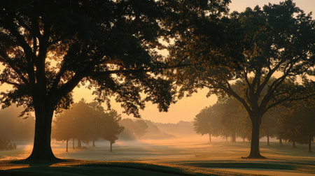 Backlit trees lining the course during sunrise with golden sky and morning fogの素材