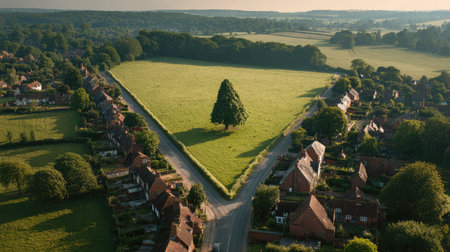 Scenic countryside village with a triangular green space formed by a fork in the roadの素材