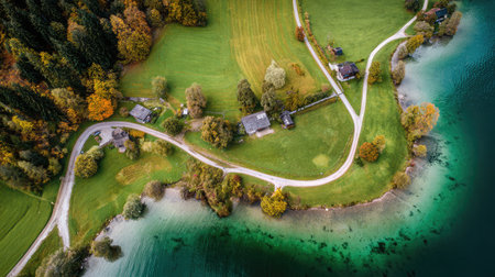 Drone view of a lakeside village where the main road splits into two curved pathsの素材