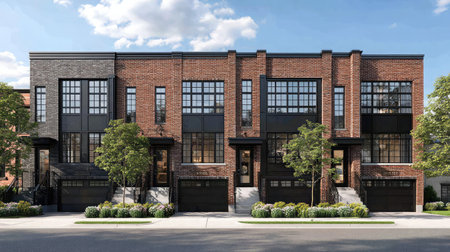 Contemporary townhouse exterior with symmetrical design, garage doors, and neat landscapingの素材
