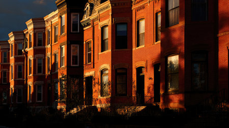 Early morning light illuminating the brick walls of uniform townhouse structuresの素材