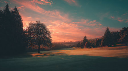 Serene landscape of a golf green with tree-lined backdrop and vibrant dawn skyの素材