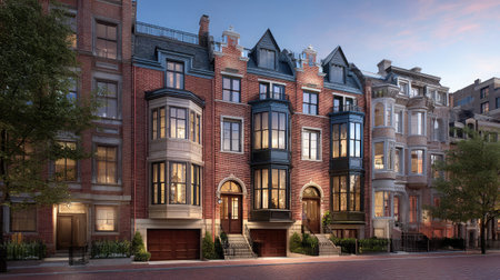 Three-story townhouses with garages on the ground floor and large bay windows aboveの素材