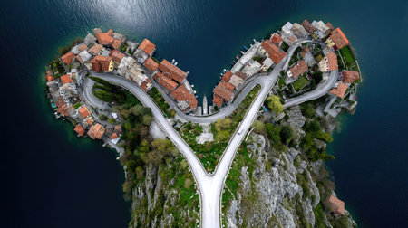 Drone view of a lakeside village where the main road splits into two curved pathsの素材