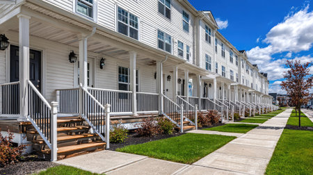 Row of newly painted white townhouses with small lawns and porch lights onの素材