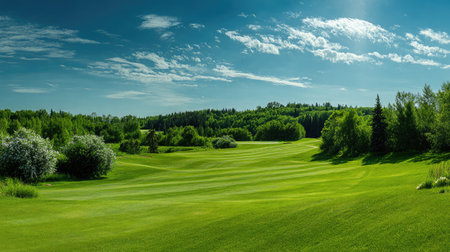 Bright green golf course rolling toward a tree line with a high sunny skyの素材