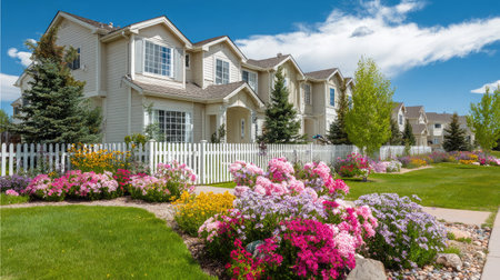 Corner townhouse with fenced yard and blooming flower beds in frontの素材