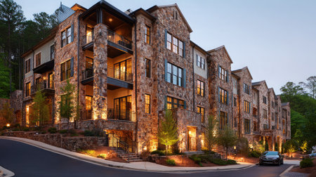 Luxury townhouse complex with stone facade, balconies, and upscale exterior lightingの素材