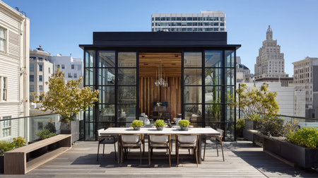 Stylish townhouse with a rooftop terrace and modern glass railingの素材