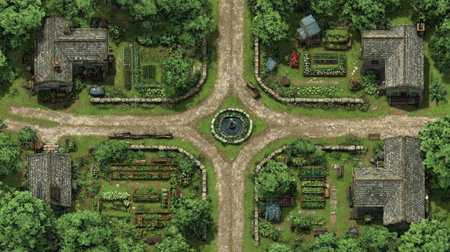 Top-down angle of a village crossroads, forming a Y-shape among houses and gardensの素材