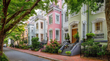 Clean street lined with townhouses, freshly painted and uniformly designedの素材