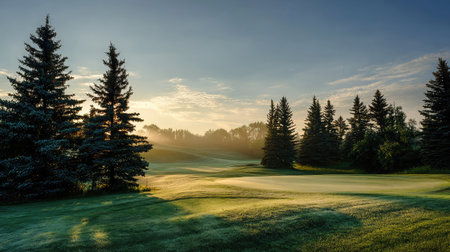 Morning dew on a golf course surrounded by evergreens under golden sunrise lightの素材