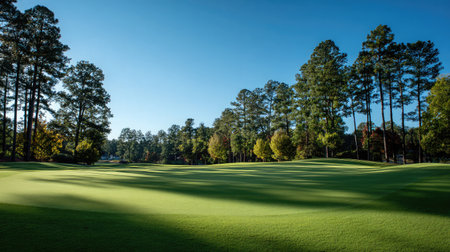 Quiet putting green with pine trees gently swaying under a clear blue skyの素材