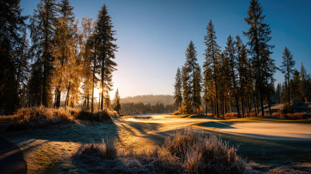 Morning dew on a golf course surrounded by evergreens under golden sunrise lightの素材