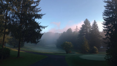 Fog lifting from a golf course, trees emerging slowly beneath a clearing morning skyの素材