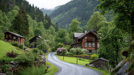Forked road slicing through a green village dotted with traditional wooden housesの素材