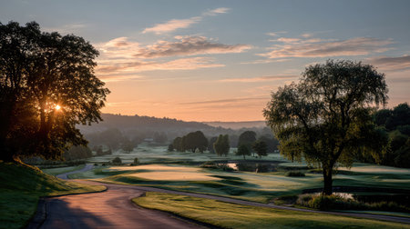 Sunlight casting golden hues across the golf course with trees standing tall against a pastel skyの素材