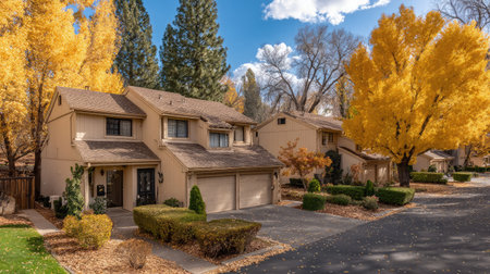 Townhouse complex with identical units in a quiet residential neighborhood surrounded by treesの素材