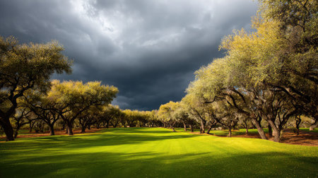 Long fairway lined with trees on both sides beneath a dramatic, partly cloudy skyの素材