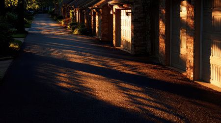 Sunset reflecting off windows of a row of townhouses, casting long shadows across drivewayの素材