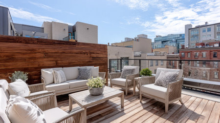 Stylish townhouse with a rooftop terrace and modern glass railingの素材