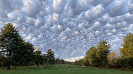Long fairway lined with trees on both sides beneath a dramatic, partly cloudy skyの素材