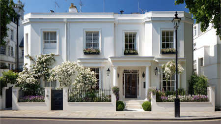Clean townhouse exterior with sleek white walls and minimalist landscapingの素材