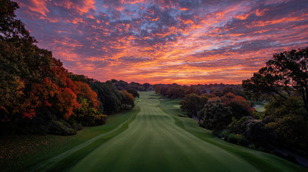 View from behind a green with a line of trees and expansive colorful sky aboveの素材