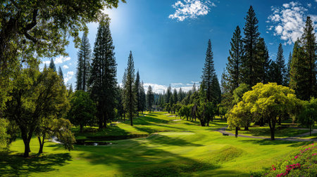 Wide view of a golf hole surrounded by lush trees under a bright and clear skyの素材