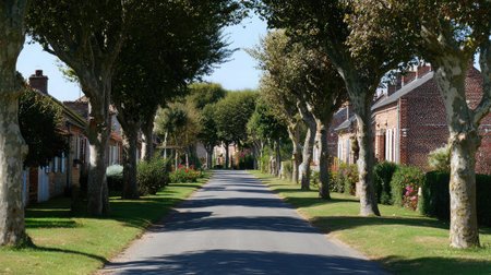 Forked village road where both sides are lined with identical houses and treesの素材
