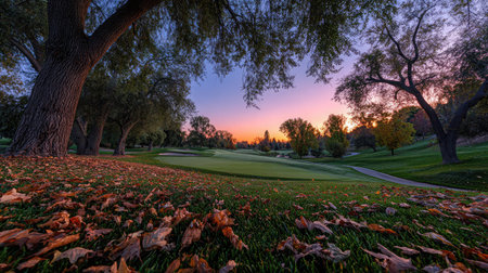 Wind blowing through tree leaves on the edge of a quiet golf course beneath a glowing skyの素材
