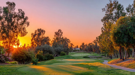 Sunlight casting golden hues across the golf course with trees standing tall against a pastel skyの素材