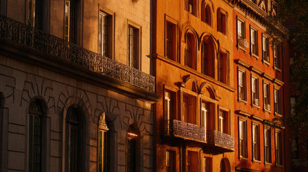 Townhouse row captured during golden hour with warm light and soft shadowsの素材