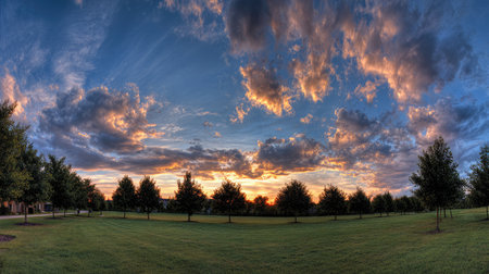 View from behind a green with a line of trees and expansive colorful sky aboveの素材