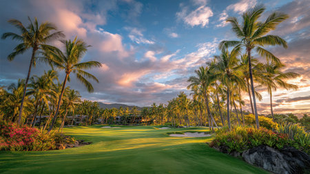 Lush fairway under tropical skies and palm trees with deep blue and white gradientsの素材