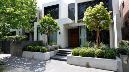Contemporary townhouse with contrasting white and grey tones, landscaped front gardenの素材