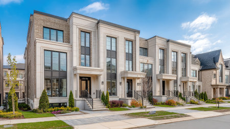 Row of modern townhouses with clean facades, uniform windows, and paved driveway under blue skyの素材