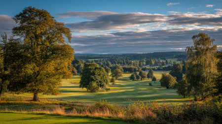 Green golf fairway with distant trees and a peaceful sky stretching endlesslyの素材