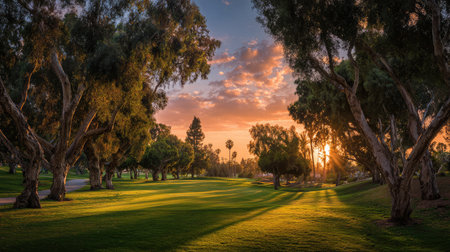 Golden hour light across a golf course framed by long tree shadows and colorful skyの素材